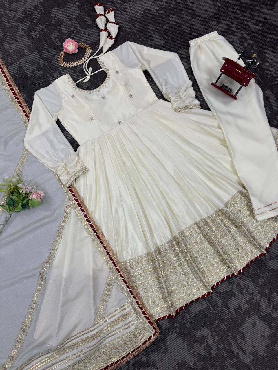 Ivory Gold Embroidered Anarkali Suit with Dupatta