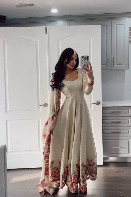 Ivory Floral Embroidered Anarkali Suit with Dupatta