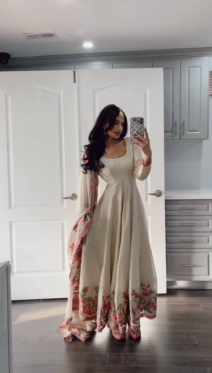 Ivory Floral Embroidered Anarkali Suit with Dupatta