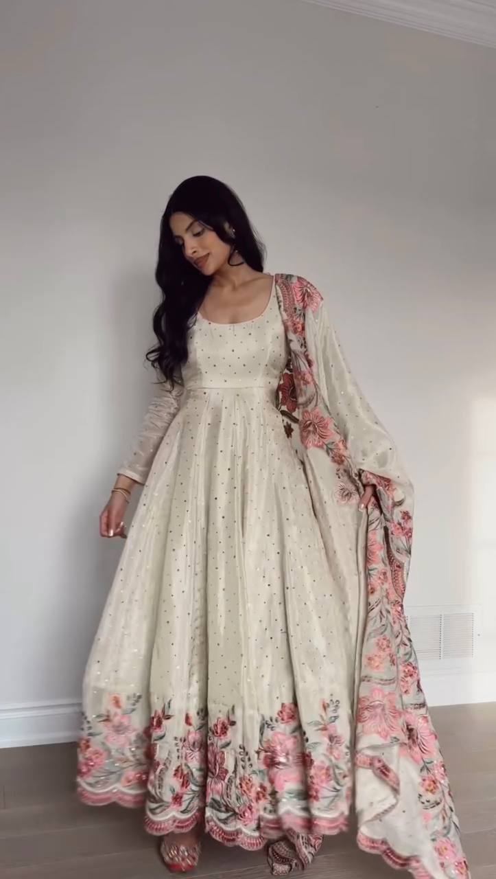 Ivory Floral Embroidered Anarkali Suit with Dupatta