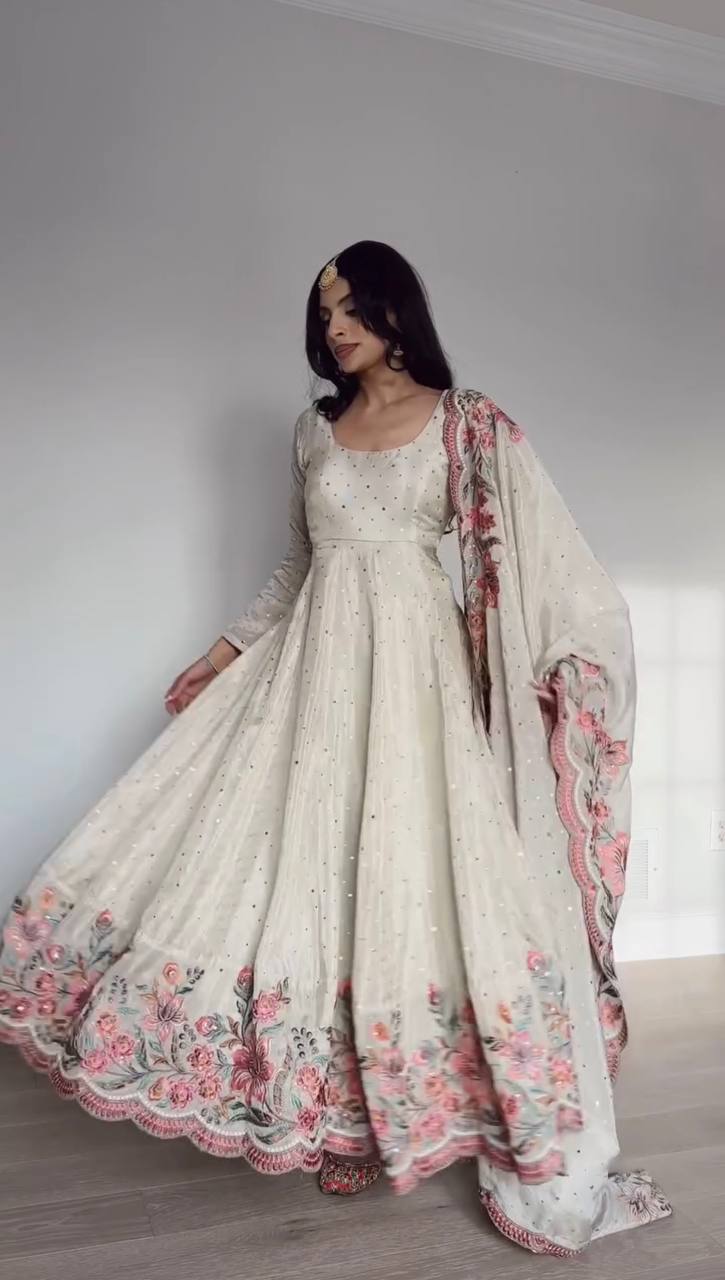 Ivory Floral Embroidered Anarkali Suit with Dupatta