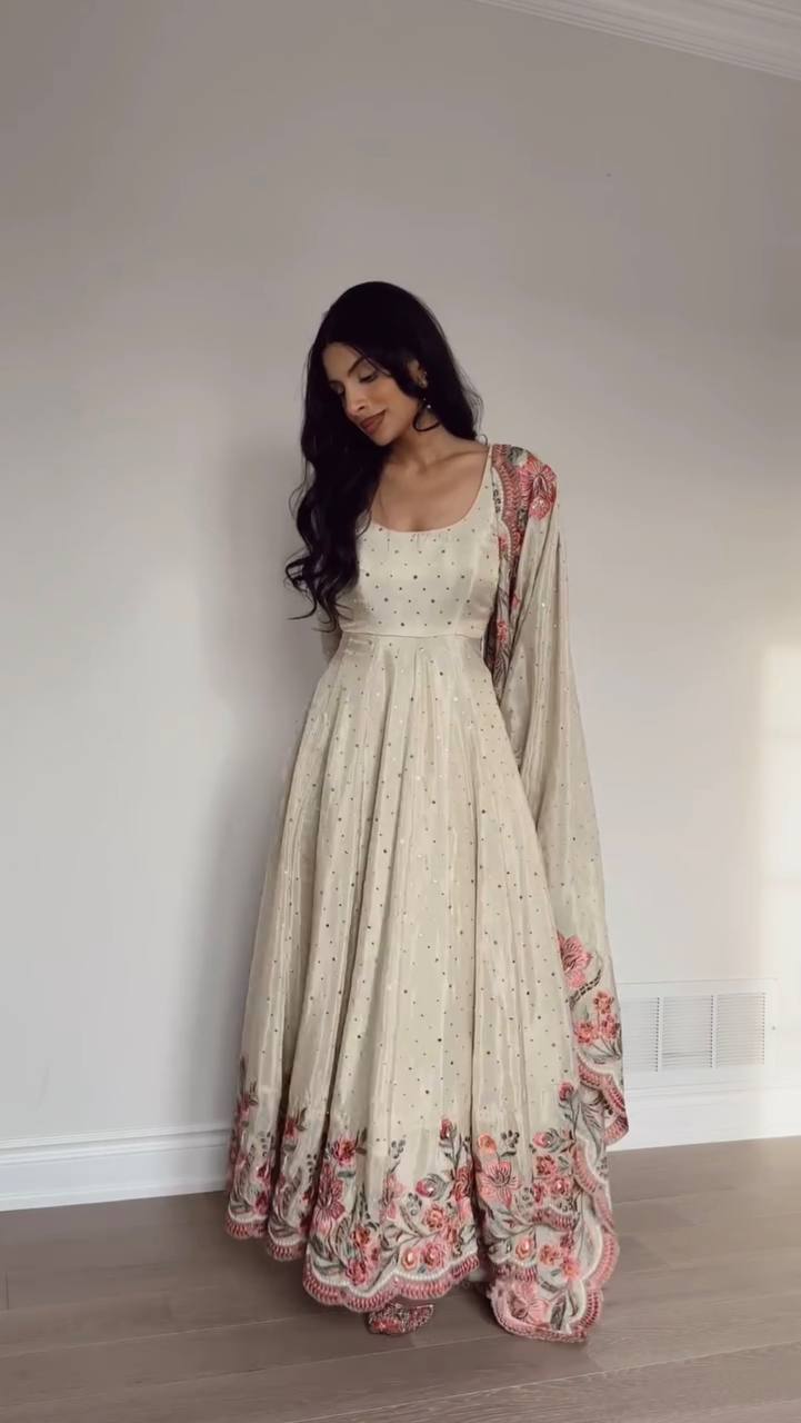 Ivory Floral Embroidered Anarkali Suit with Dupatta