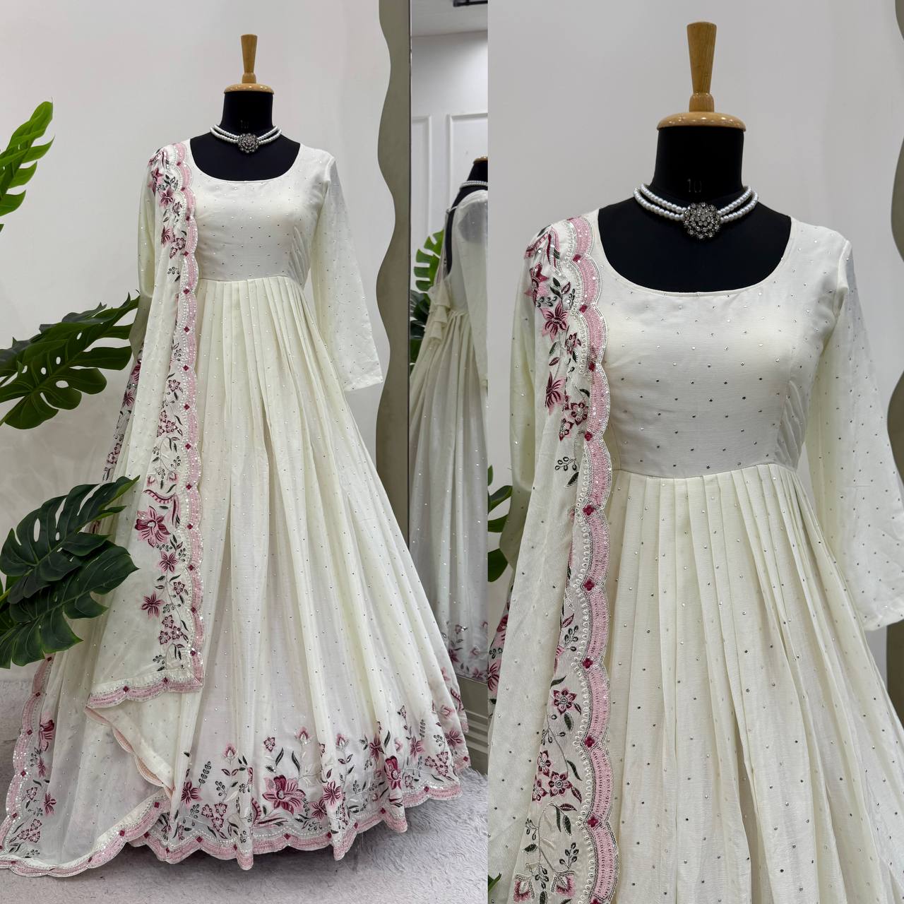 Ivory Floral Embroidered Anarkali Suit with Dupatta