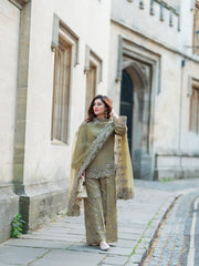 Olive Green Net Embroidered Suit with Palazzo & Dupatta