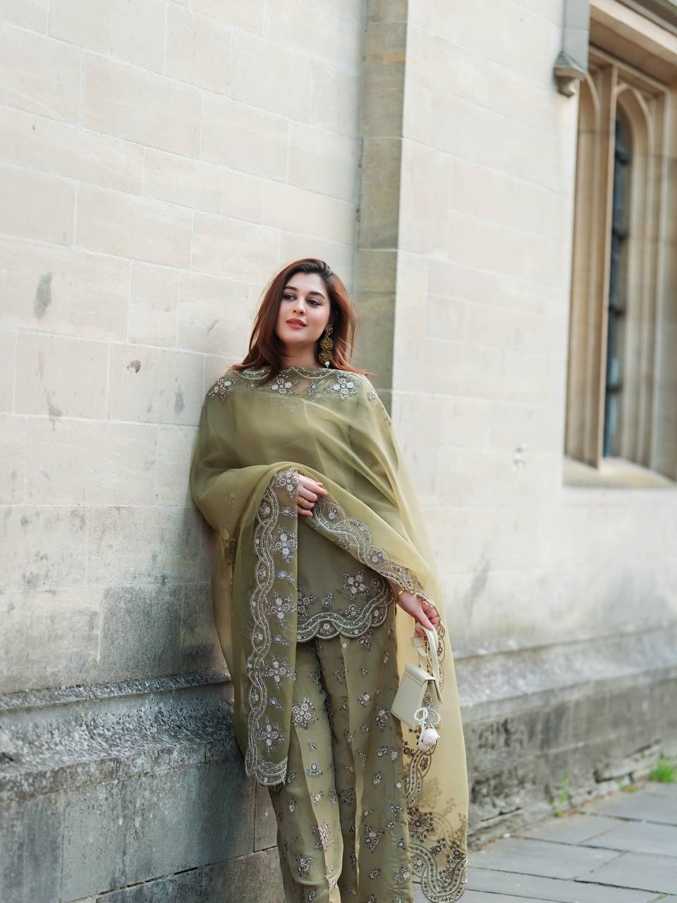 Olive Green Net Embroidered Suit with Palazzo & Dupatta