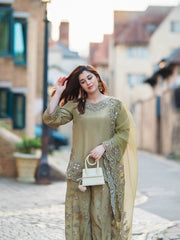 Olive Green Net Embroidered Suit with Palazzo & Dupatta