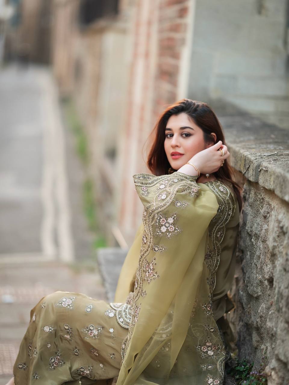Olive Green Net Embroidered Suit with Palazzo & Dupatta