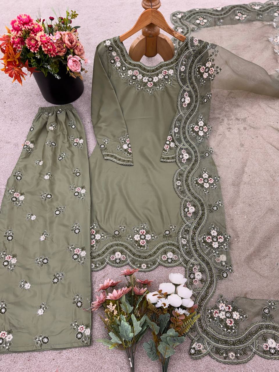 Olive Green Net Embroidered Suit with Palazzo & Dupatta