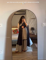 Taupe Grey Embroidered Sharara Suit with Black Dupatta