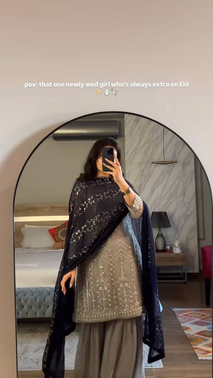 Taupe Grey Embroidered Sharara Suit with Black Dupatta