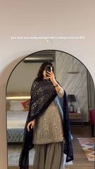 Taupe Grey Embroidered Sharara Suit with Black Dupatta