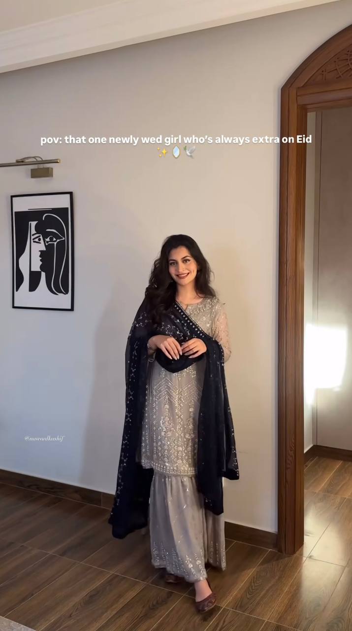 Taupe Grey Embroidered Sharara Suit with Black Dupatta