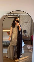 Taupe Grey Embroidered Sharara Suit with Black Dupatta