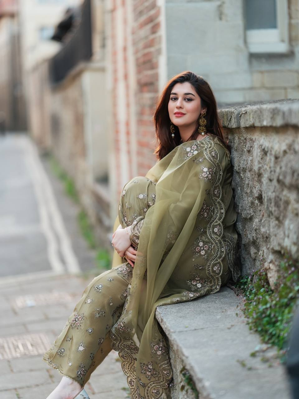Olive Green Net Embroidered Suit with Palazzo & Dupatta