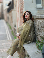 Olive Green Net Embroidered Suit with Palazzo & Dupatta