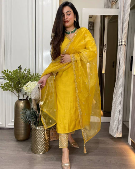 Presenting new Pakistani ready to wear collection with embroidery sequins work suit-pant with dupatta