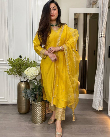 Presenting new Pakistani ready to wear collection with embroidery sequins work suit-pant with dupatta