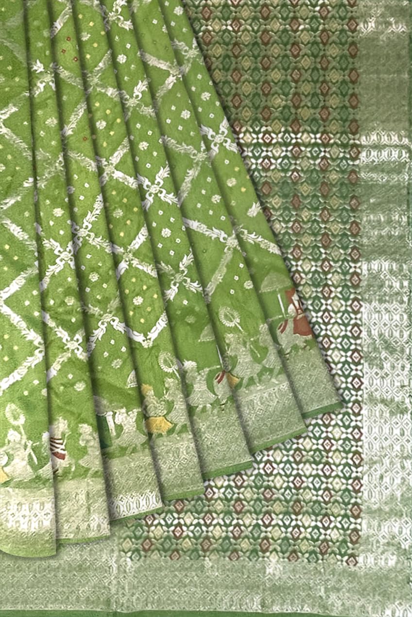 Ta la hi Collections Bandhej Silk Saree for Women, Indian Women's Green Silk Saree with Zari Pallu and Unstitched Blouse for Wedding, Party/Talahi Collections