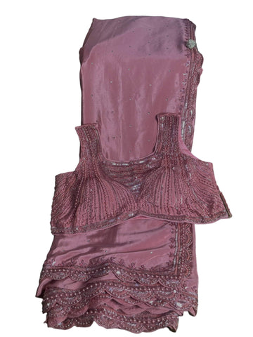 Ta la hi Collections Crepe Silk Saree for Women, Heavy Saree with Readymade Blouse, Partywear Indian Beaded Work Saree for Girls - Dark Pink/Talahi Collections
