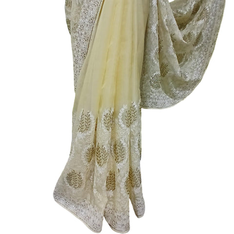 Ta la hi Collections Chiffon Satin Saree with chikankari work and running Blouse - Lemon Yellow/Talahi Collections