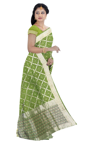 Ta la hi Collections Bandhej Silk Saree for Women, Indian Women's Green Silk Saree with Zari Pallu and Unstitched Blouse for Wedding, Party/Talahi Collections