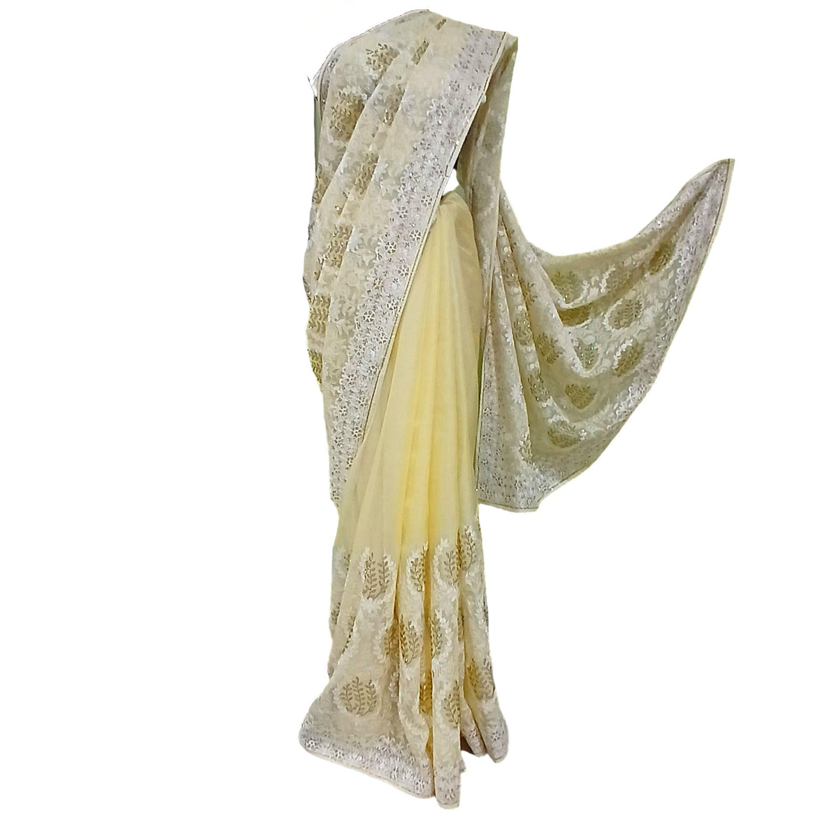 Ta la hi Collections Chiffon Satin Saree with chikankari work and running Blouse - Lemon Yellow/Talahi Collections
