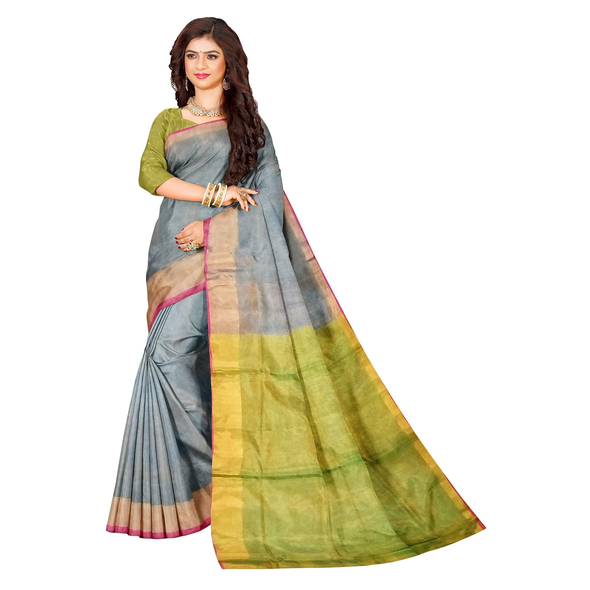 Ta la hi Collections Elegant Uppada Pattu Saree for Women, Stithced Readymade blouse (34-38) - Teal Blue and Parrot Green border- FALL and PICO Done/Talahi Collections