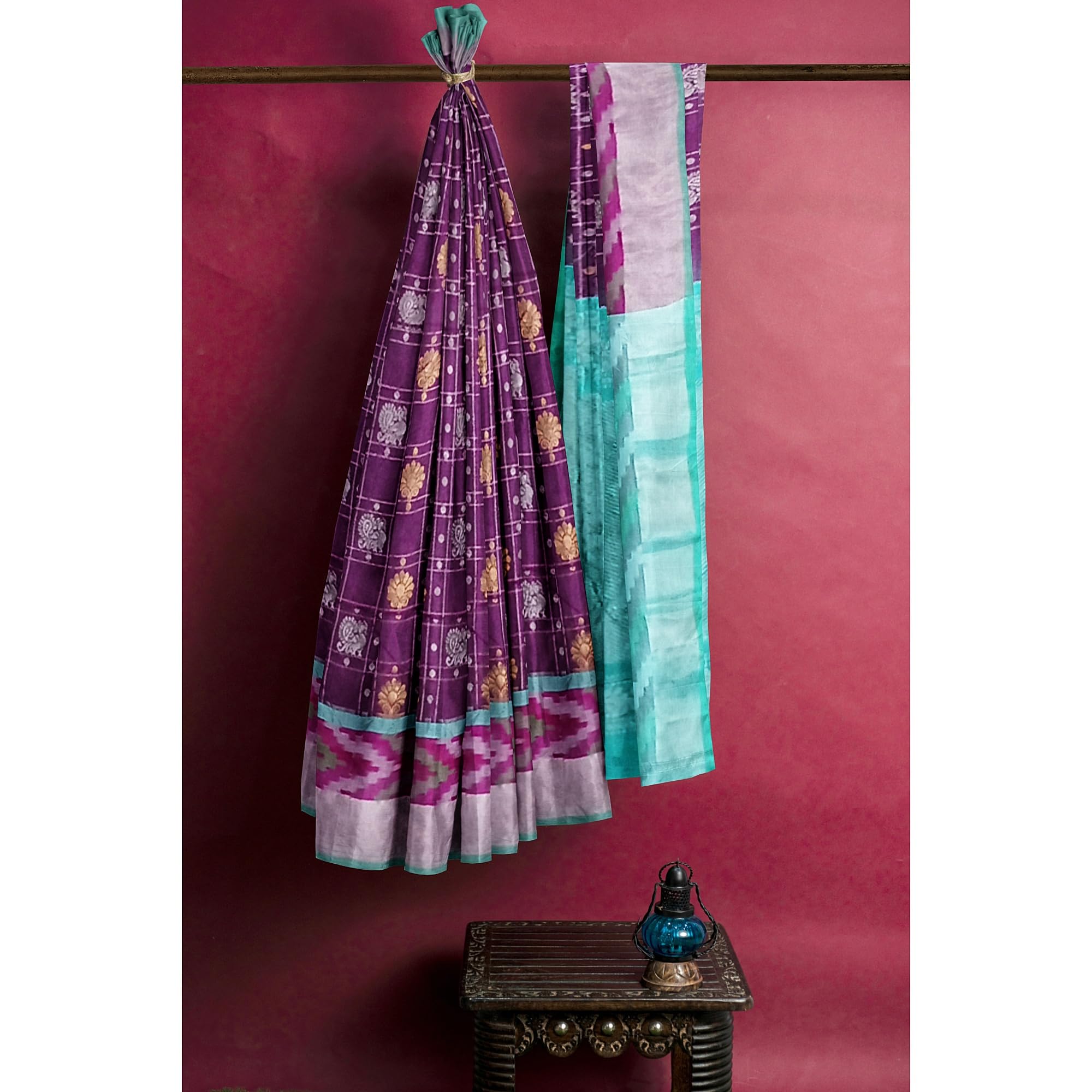 Ta la hi Collections pochampaly kota Silk Saree with contrast pally and running blouse - Purple and Teal Green pallu/Talahi Collections