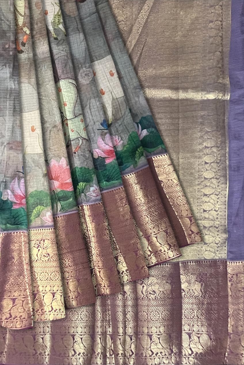 Ta la hi Collections Oraganza Silk Saree with Rich Big Zari Pallu - Grey/Talahi Collections