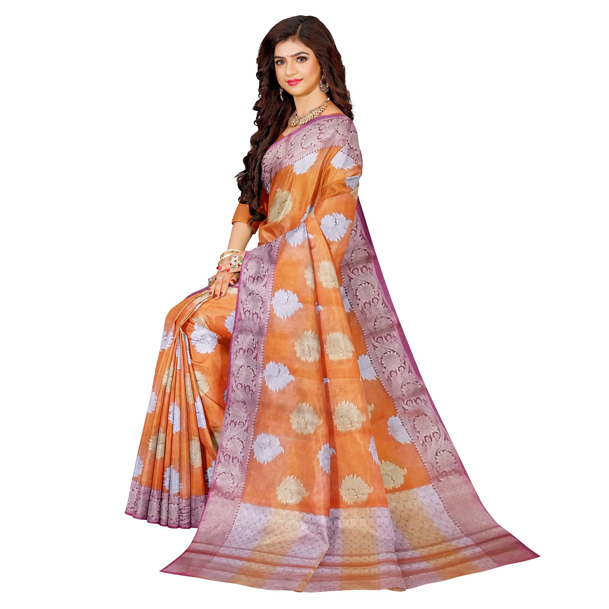 Ta la hi Collections Women's Semi Organza Silk Saree for Women with Unstitched running Blouse- Orange/Talahi Collections