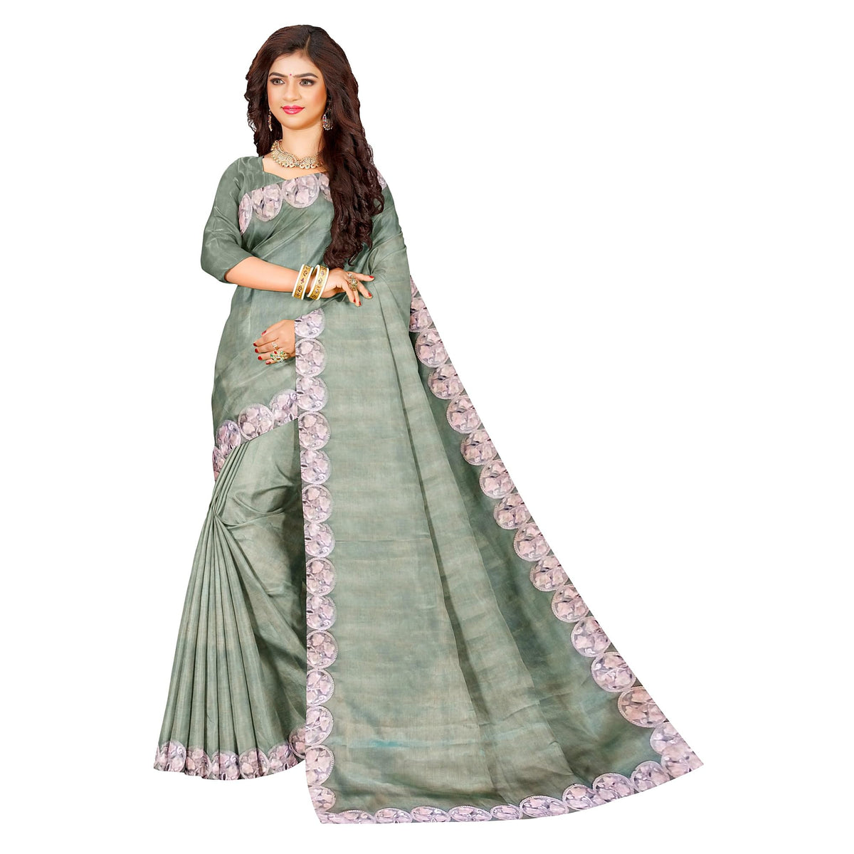 Ta la hi Collections- Elegant Tisse silk with Zadosi lace and running Blouse- Green Fall/PICO Done/Talahi Collections