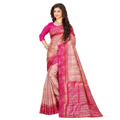 Ta la hi Collections Banarasi Silk Saree for Women, Stithced blouse (34-38) - Pink/Talahi Collections