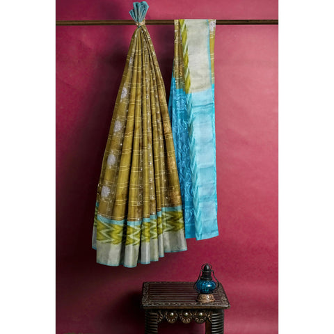 Ta la hi Collections pochampaly kota Silk Saree with contrast pally and running blouse - Mehendi Green and Teal Green pallu/Talahi Collections