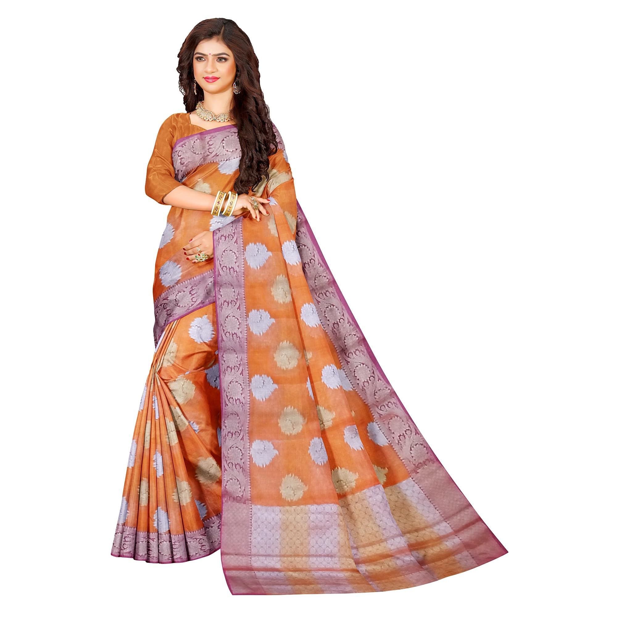 Ta la hi Collections Women's Semi Organza Silk Saree for Women with Unstitched running Blouse- Orange/Talahi Collections