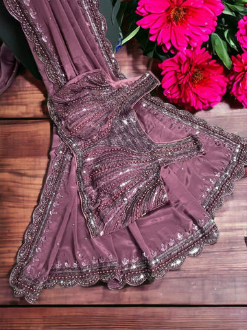 Ta la hi Collections Crepe Silk Saree for Women, Heavy Saree with Readymade Blouse, Partywear Indian Beaded Work Saree for Girls - Dark Pink/Talahi Collections