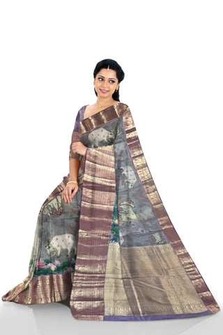 Ta la hi Collections Oraganza Silk Saree with Rich Big Zari Pallu - Grey/Talahi Collections