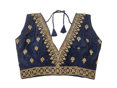 Ta la hi Collections Women's Silk Readymade Blouse, Embroidered V Neck Sleeveless Saree Blouse, Indian Ethnic Designer Stitched Blouse, Readymade Blouse for Women - Black/Talahi Collections