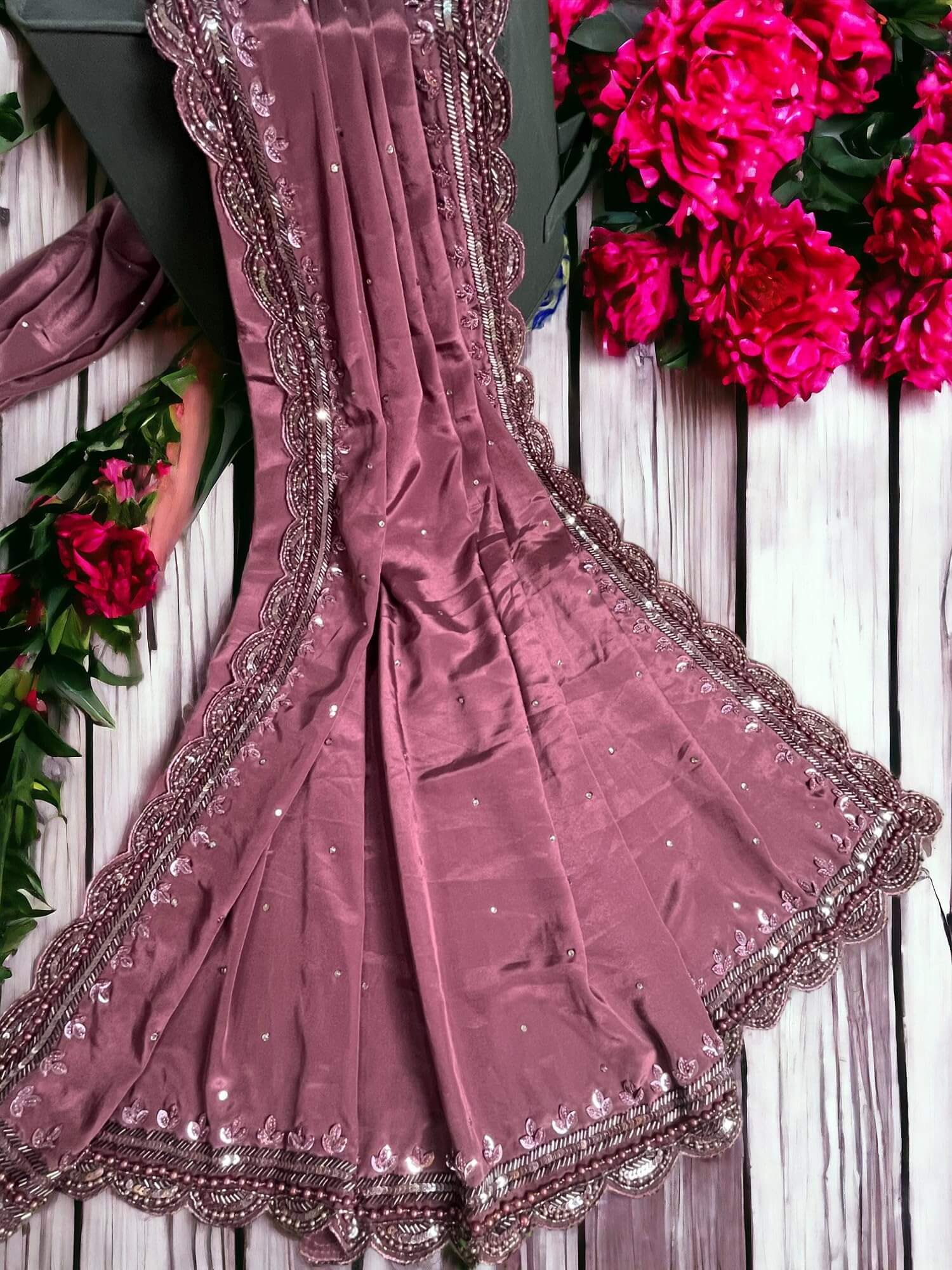 Ta la hi Collections Crepe Silk Saree for Women, Heavy Saree with Readymade Blouse, Partywear Indian Beaded Work Saree for Girls - Dark Pink/Talahi Collections