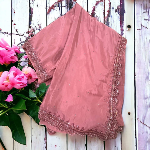 Ta la hi Collections Satin Crepe Silk Saree for Women, Heavy Saree with Readymade Blouse, Partywear Indian Beaded Work Saree for Girls - Dusty Pink/Talahi Collections