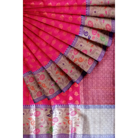 Ta la hi Collections Women's Oraganza Warm Silk Paithani border for Women with Unstitched running Blouse -Red/Talahi Collections