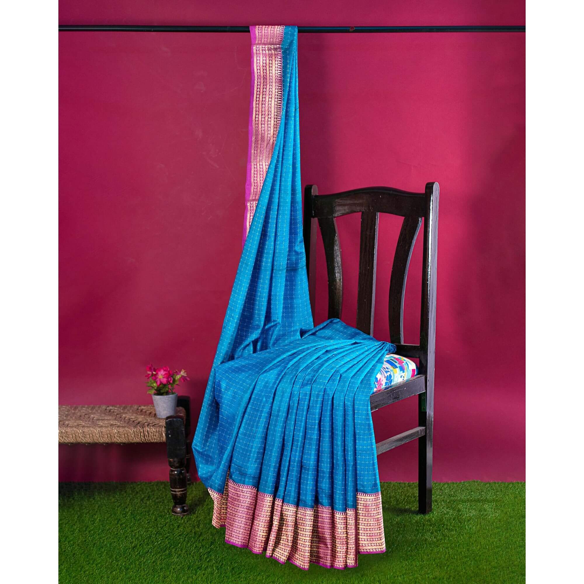 Ta la hi Collections Women's Saree, Organza checks Silk Saree, Indian Traditional Silk Saree for Women, Festival Saree, Wedding Gift Sari -Sky Blue/Talahi Collections
