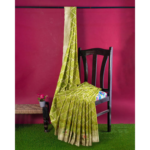 Ta la hi Collections Bandhej Silk Saree for Women, Indian Women's Green Silk Saree with Zari Pallu and Unstitched Blouse for Wedding, Party/Talahi Collections