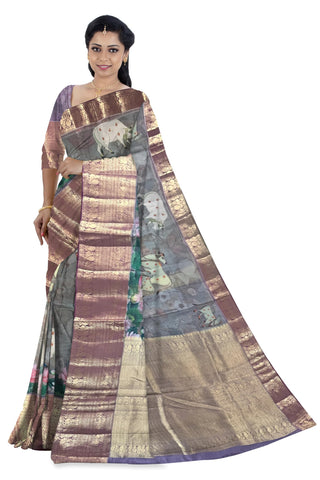 Ta la hi Collections Oraganza Silk Saree with Rich Big Zari Pallu - Grey/Talahi Collections