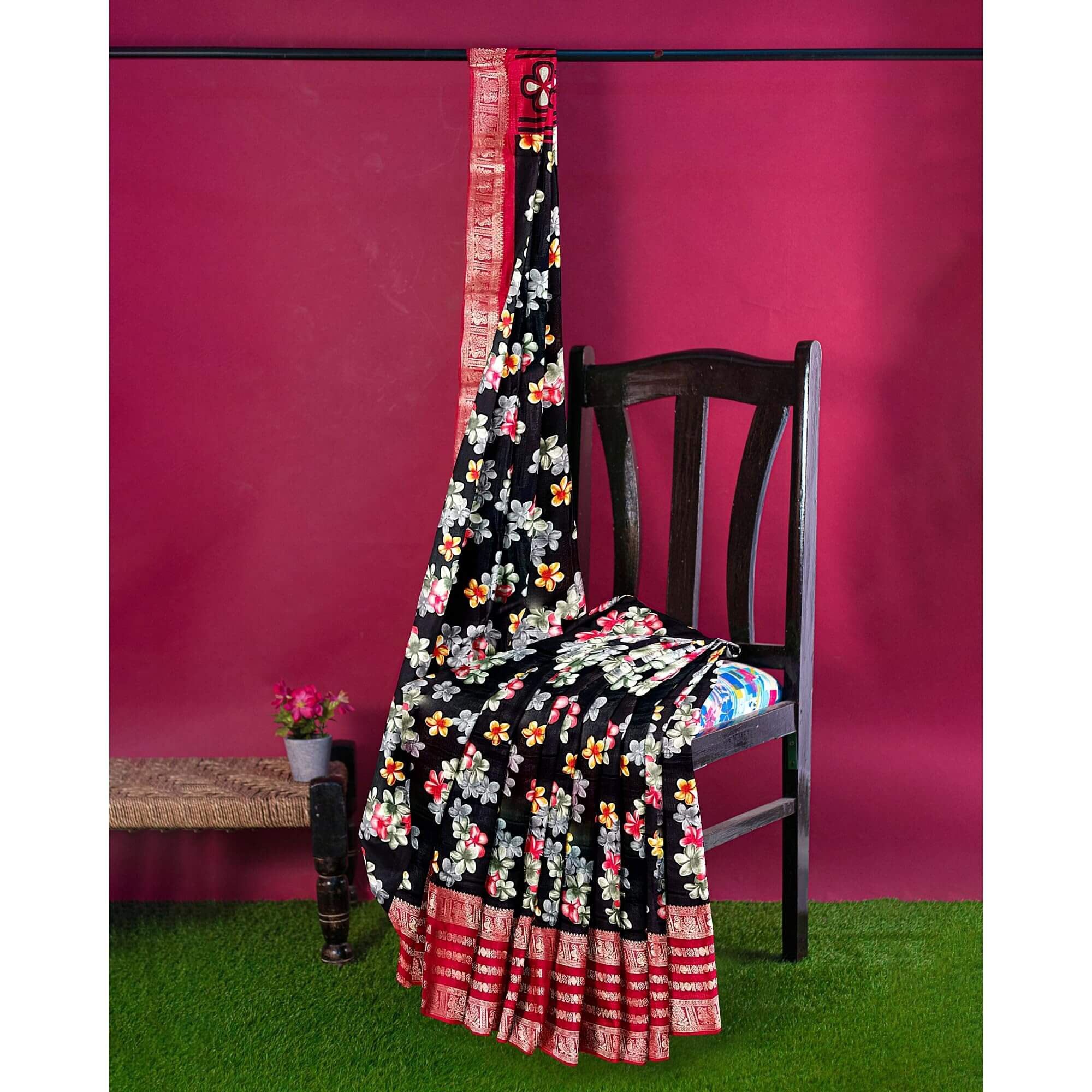 Ta la hi Collections Women's Saree,Dola Silk Saree, Indian Traditional Silk Saree for Women, Festival Saree, Wedding Gift Sari -Black Floral print/Talahi Collections