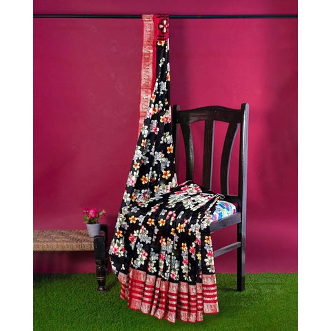 Ta la hi Collections Women's Saree,Dola Silk Saree, Indian Traditional Silk Saree for Women, Festival Saree, Wedding Gift Sari -Black Floral print/Talahi Collections
