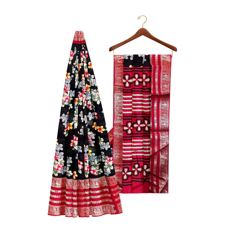Ta la hi Collections Women's Saree,Dola Silk Saree, Indian Traditional Silk Saree for Women, Festival Saree, Wedding Gift Sari -Black Floral print/Talahi Collections