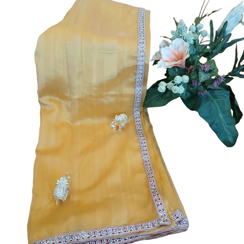 Ta la hi Collections- Elegant Linen silk saree with Red pearl lace border and running blouse- Yellow/Talahi Collections