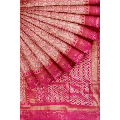 Ta la hi Collections Banarasi Silk Saree for Women, Stithced blouse (34-38) - Pink/Talahi Collections