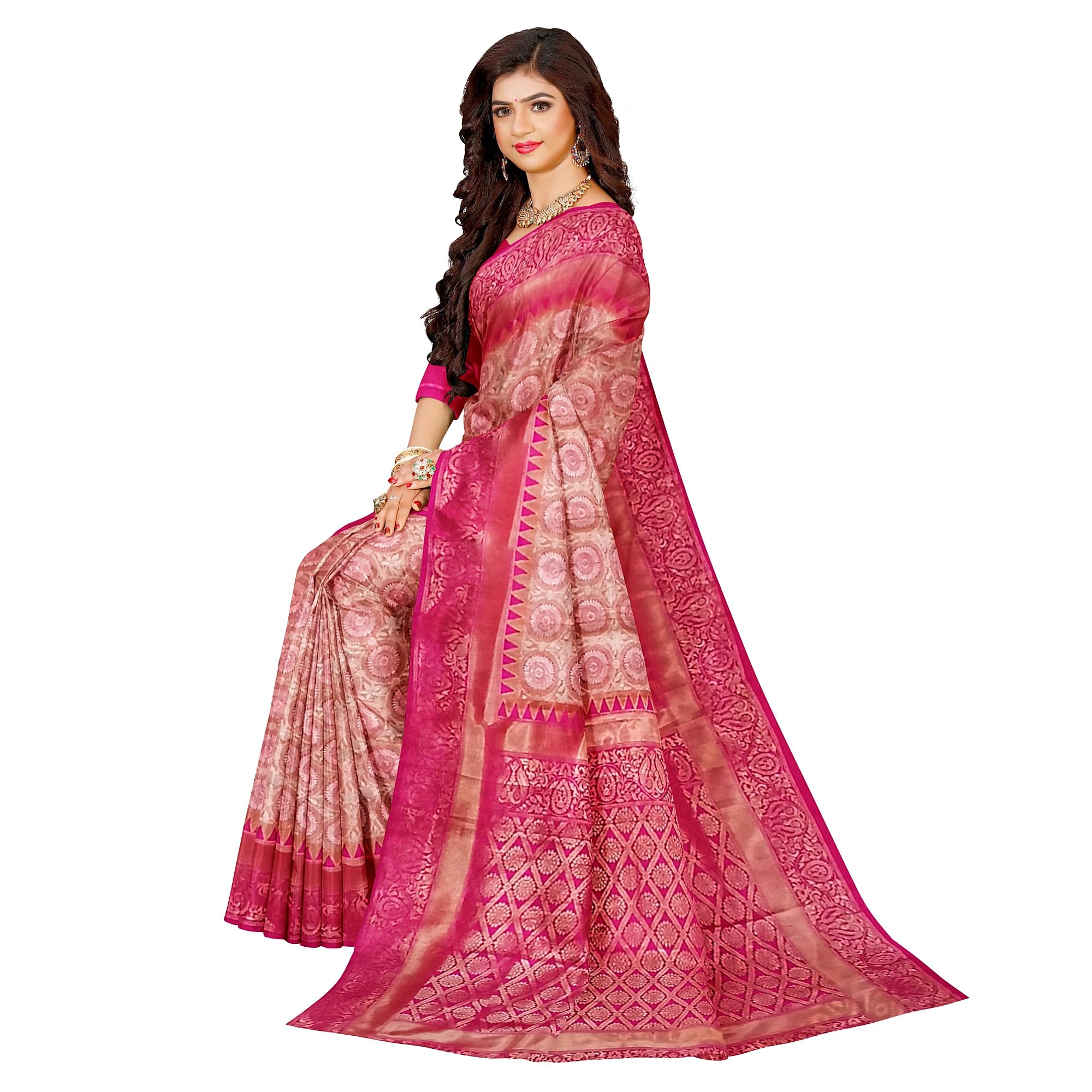 Ta la hi Collections Banarasi Silk Saree for Women, Stithced blouse (34-38) - Pink/Talahi Collections