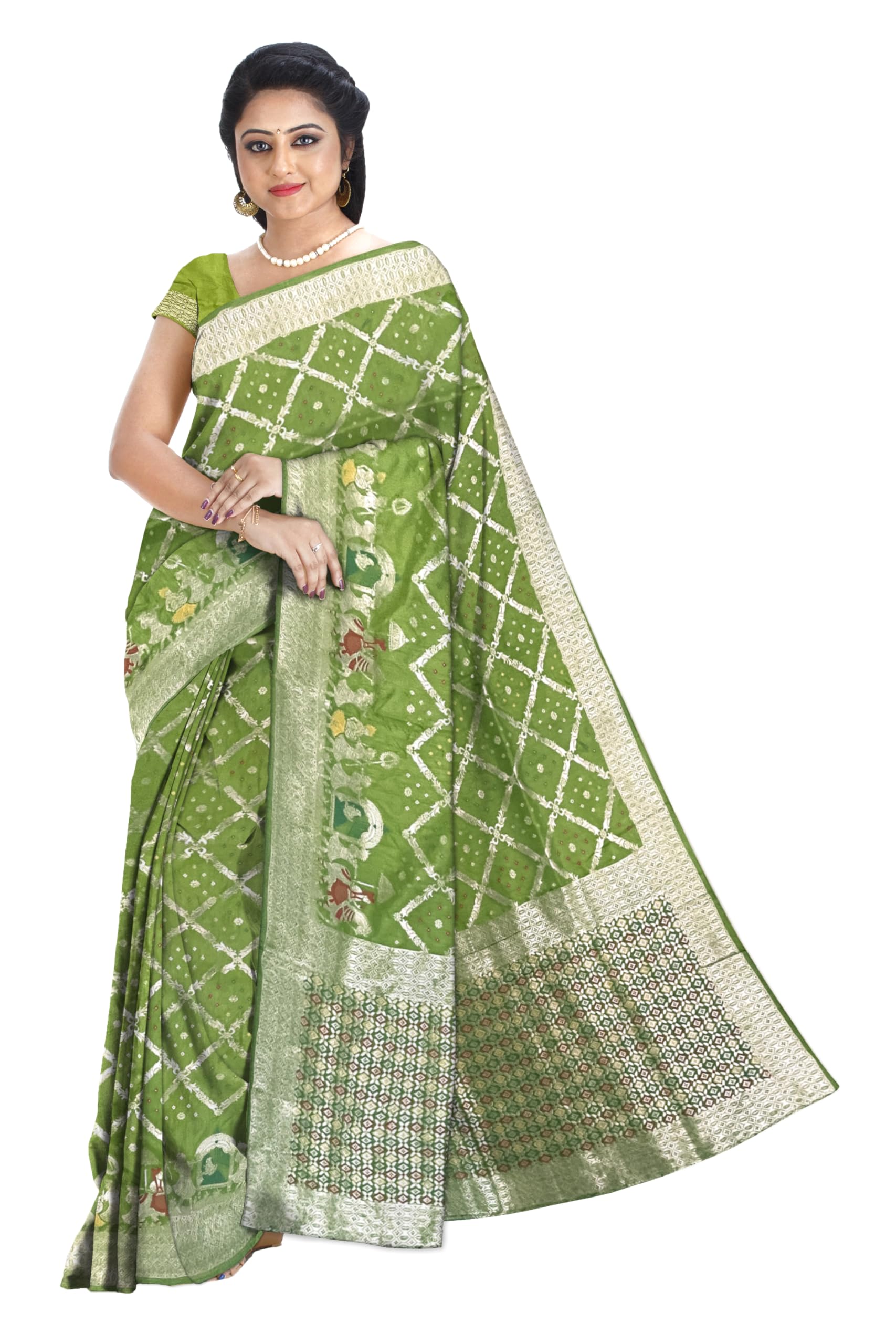 Ta la hi Collections Bandhej Silk Saree for Women, Indian Women's Green Silk Saree with Zari Pallu and Unstitched Blouse for Wedding, Party/Talahi Collections